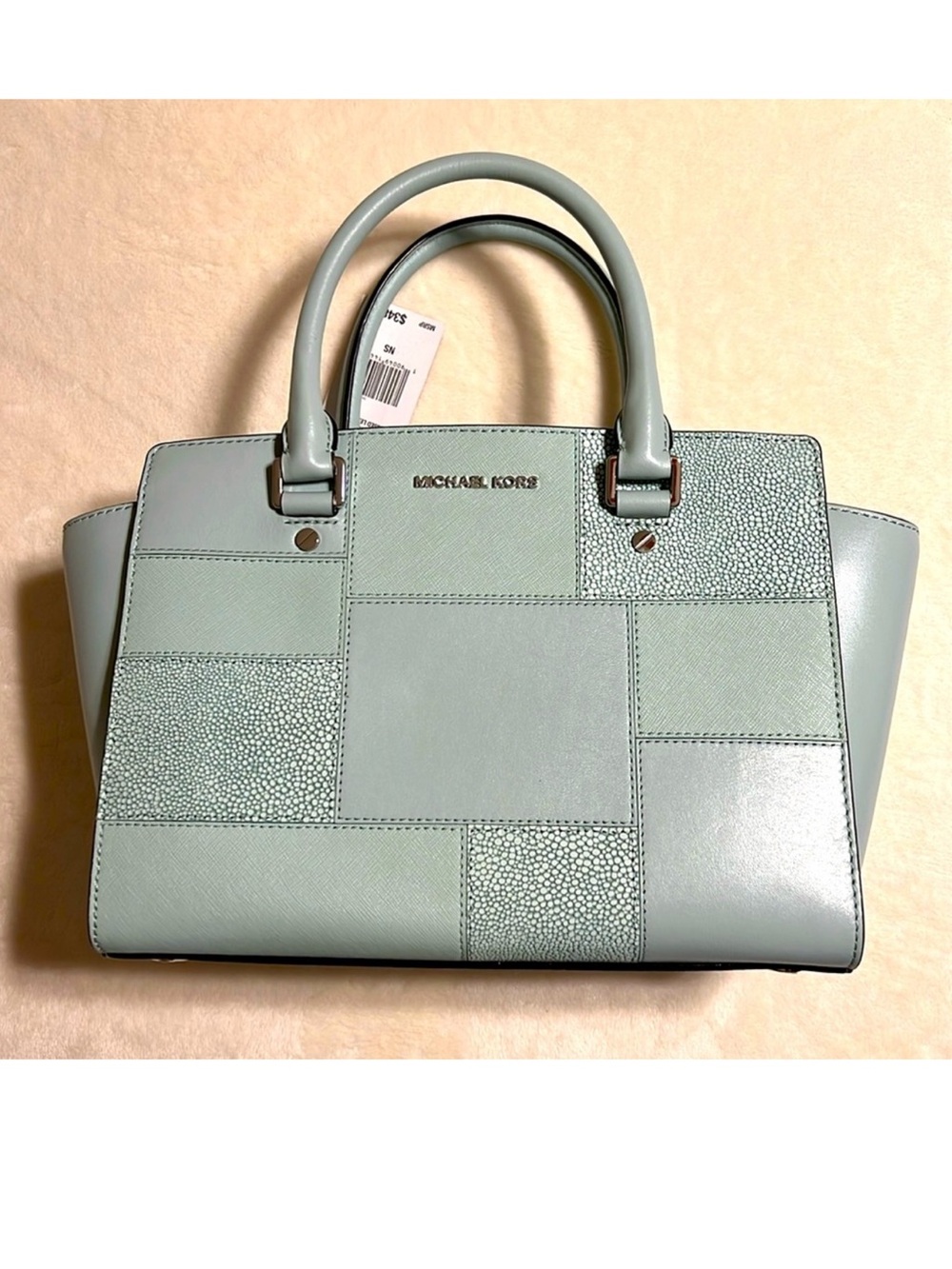 MICHAEL KORS. Selma Celadon Satchel Embossed Leather. Light Blue/Greenish Color